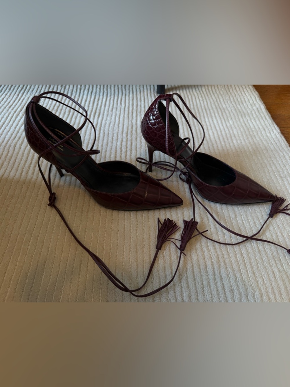 Reformation Lace-Up Pointed Toe Heels in Burgundy